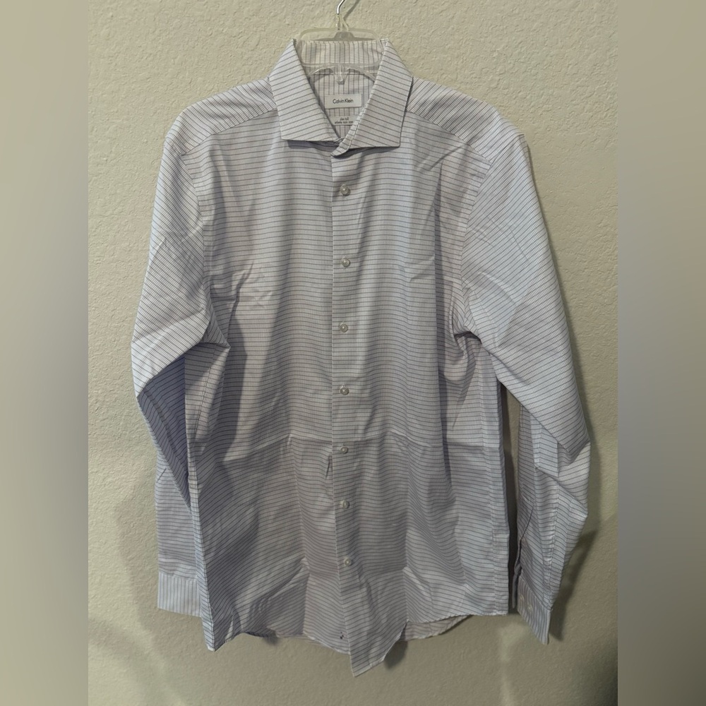 Calvin Klein Men's Light Gray Striped Dress Shirt Slim Tall